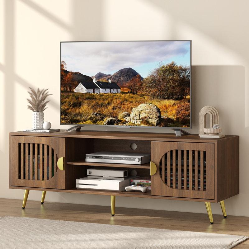 55" Walnut TV Stand for TVs up to 65 Inch, Mid Century Modern Entertainment Center Console Table with Storage Cabinet, Wood Media Furniture for Living Room, Bedroom