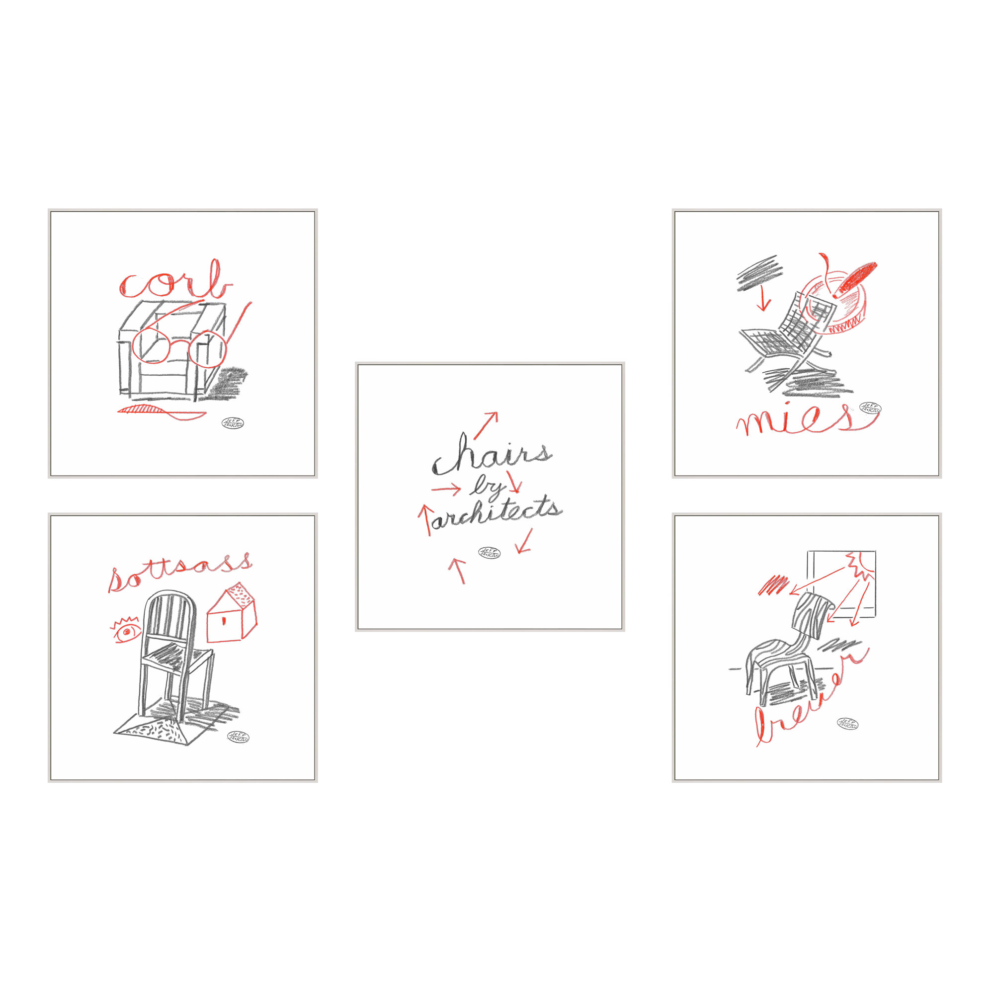 Chairs. Set Of 5 by Jeff Jackson, White Single Picture Framed Canvas, 24" W x 24" H