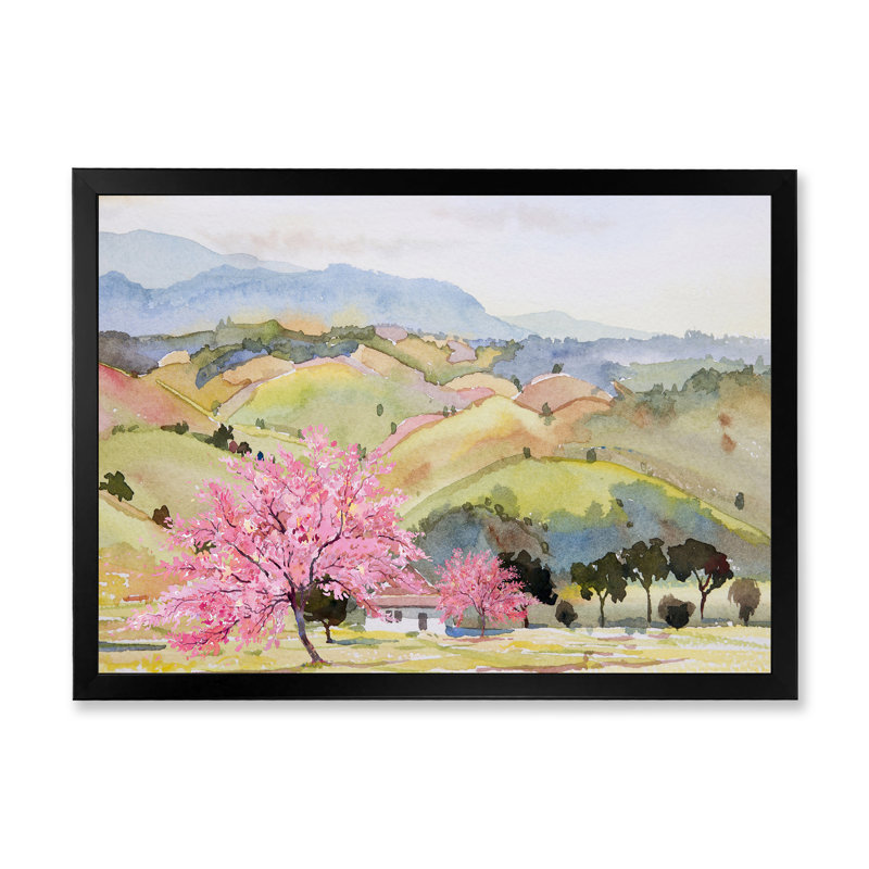 «Pink Mountain Tree in Autumn Landscape», peinture sur toile, Cadre photo noir, L 20 po x H 12 po