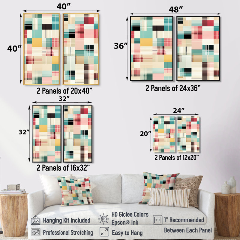 Motif rétro à carreaux pastel 2 pièces, Brun, H 36 po x l 48 po, Impression encadrée flottante