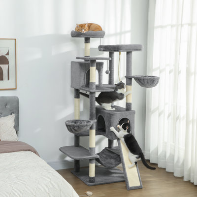 Arbre à chat, grande tour pour chat à plusieurs niveaux de 69 po avec 8 poteaux à griffer, 2 condos, 3 hamacs, rampe à gratter, 3 perchoirs, jouets suspendus, centre d'activités pour chatons d'intérieur, gris foncé