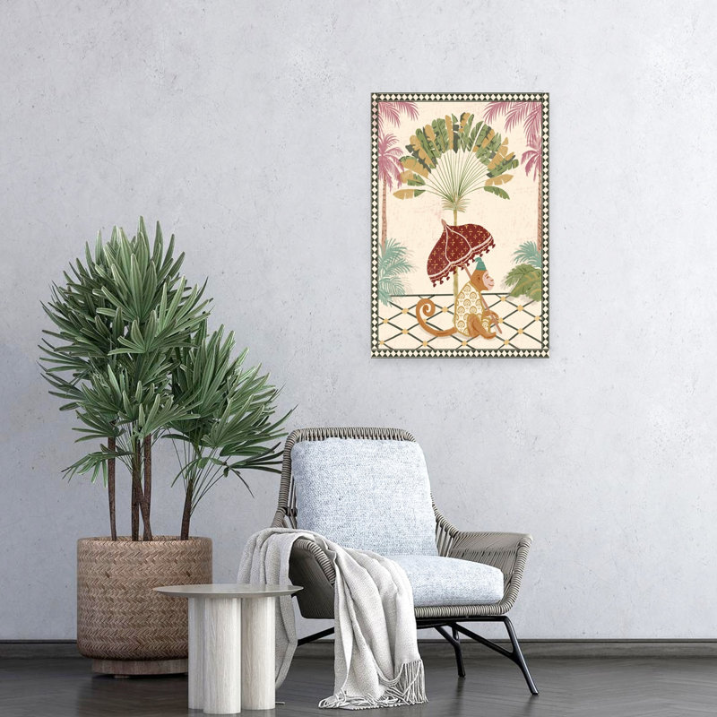«Royal Monkey Under Parasol Classic Elegant Playful Palm Tree Monkey Nature Portrait», reproduction d'art, 24" H x 16" W