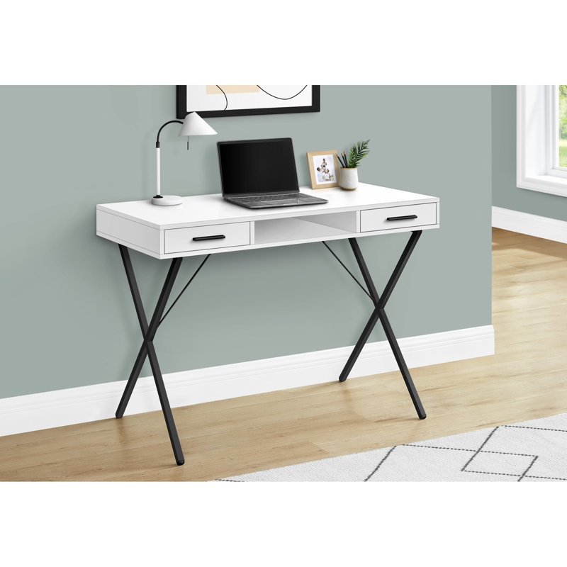 Bureaux, bureau d'ordinateur 42 po avec rangement moderne, stratifié blanc / métal noir, configuration gauche / droite | Blanc | Panneau de particules