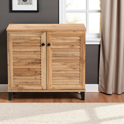 Diora Oak Finish 4-Shelves With Slatted Two-Door Shoe Cabinet, 27.22" H X 29.35" W X 14.38" D