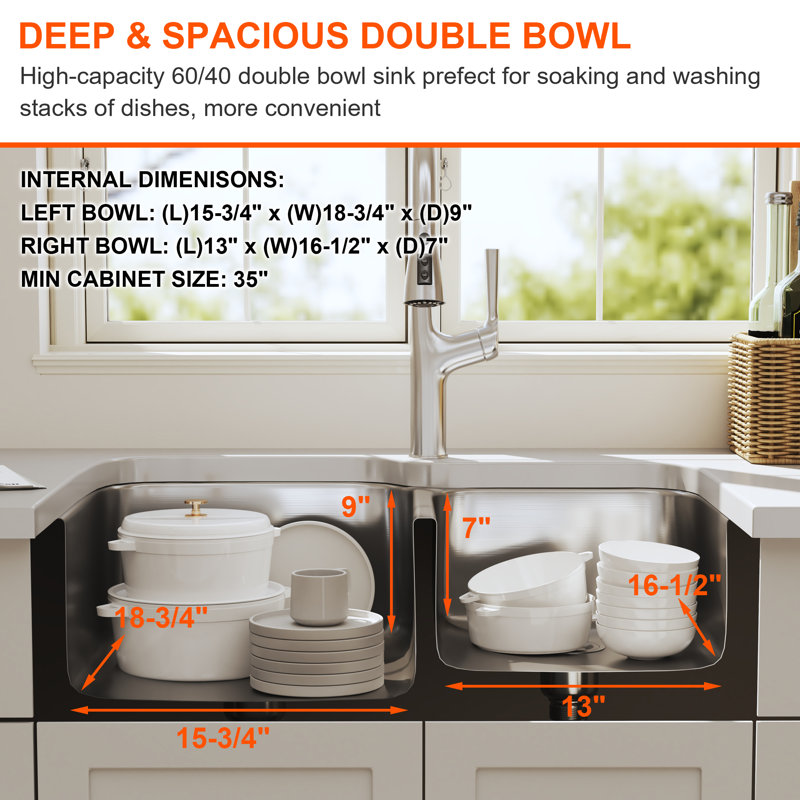 Blenzia 32 Inch Undermount Double Bowl 60/40 18 Gauge 304 Stainless Steel Curved Kitchen Sink 32" x 20" x 9"