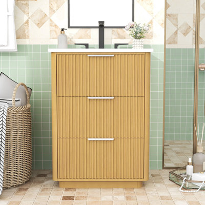 Meuble-lavabo moderne de 24 pouces avec lavabo en céramique et 3 tiroirs de rangement