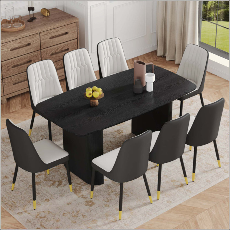 Table de salle à manger spacieuse en bois aggloméré avec 8 chaises ergonomiques, pour un décor moderne et luxueux., 9, Blanc