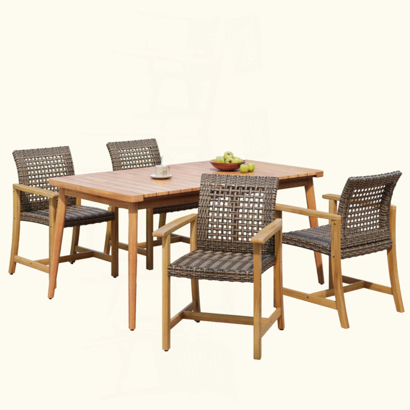 Ensemble de salle à manger de patio 5 pièces, table à lattes et 4 chaises en bois d'acacia et en rotin de polyéthylène pour le patio