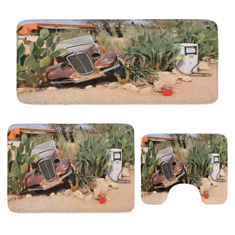 Ensemble de tapis de salle de bain Vintage Car 3 pièces en U et tapis rectangulaires brun vert