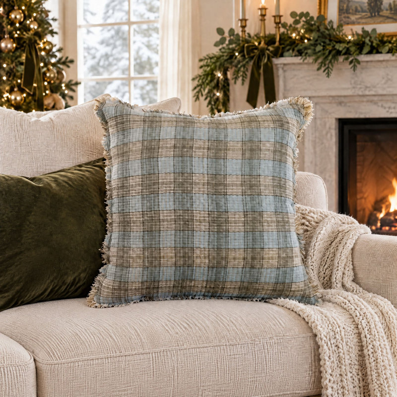 Rustic Woven Cotton Double Cloth Pillow with Chambray Back and Frayed Edges