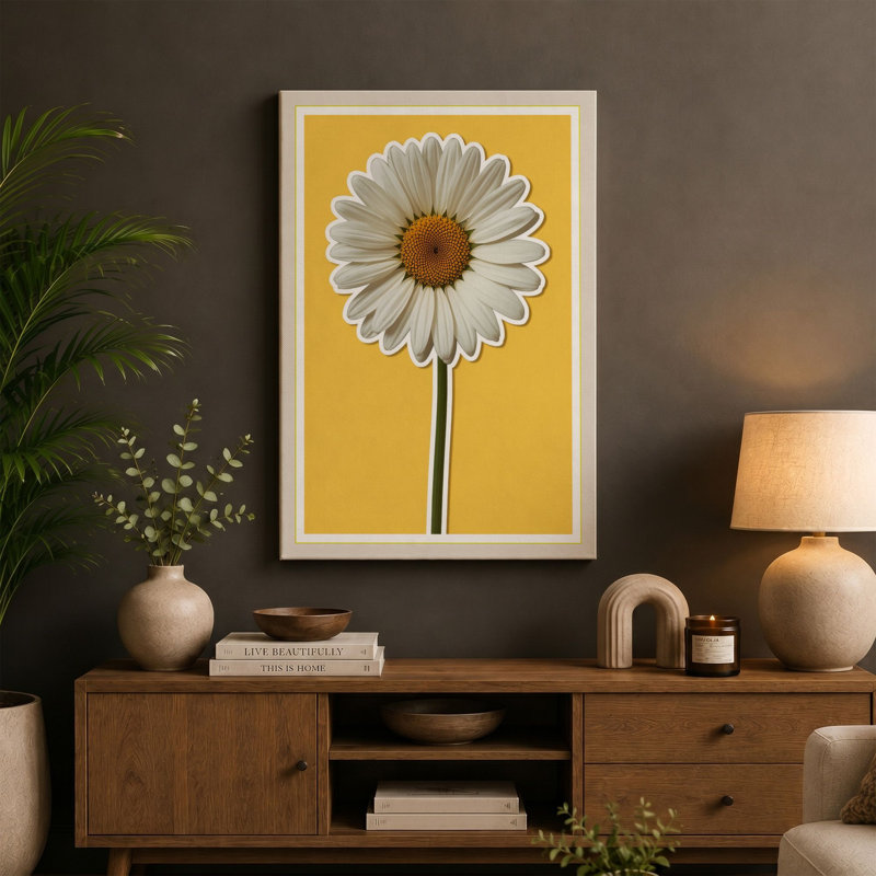 Golden Daisy Botanical - Wrapped Canvas, 24x16 - 61.0 x 40.6 cm, Cream Border