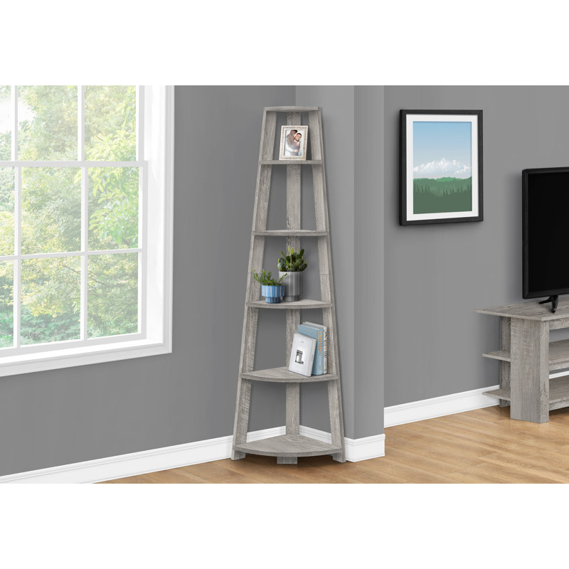 Hewitt Zyn 71 Inch Corner Shelf, 5 Tier Etagere Open V Ladder Bookcase, Gray, Gray, (6 Shelves) 71" H x 23" W x 23" D