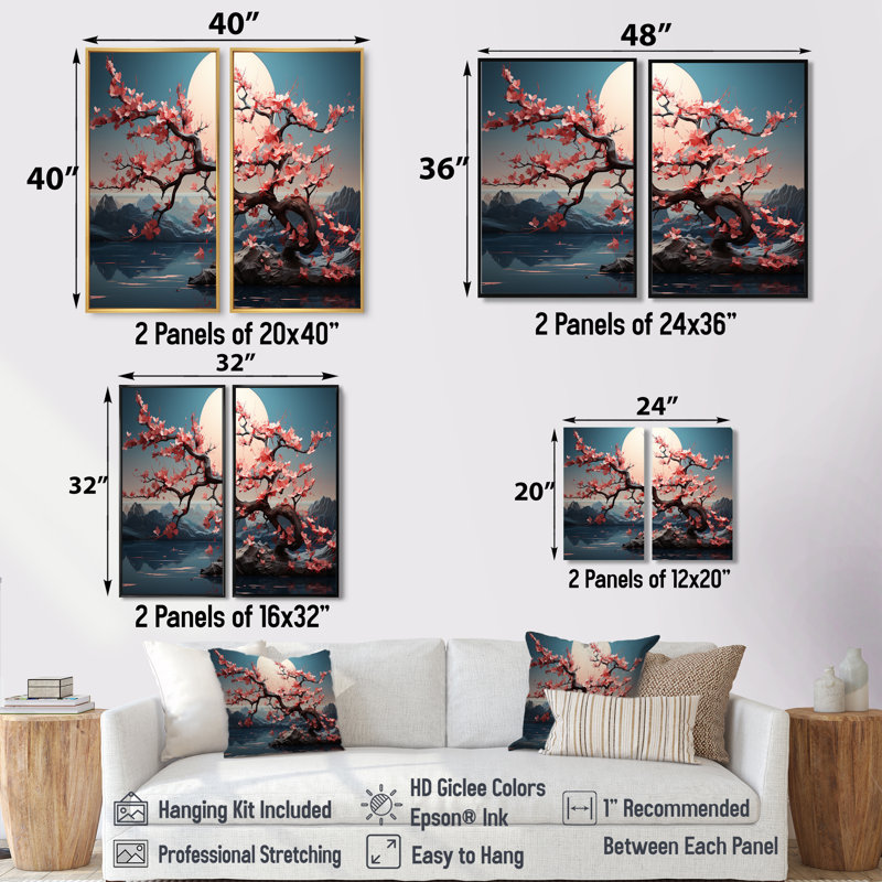 «Pink Cherry Blossom Twilight», paysage japonais - art mural traditionnel 2 pièces, H 32 po x l 32 po, Toile tendue