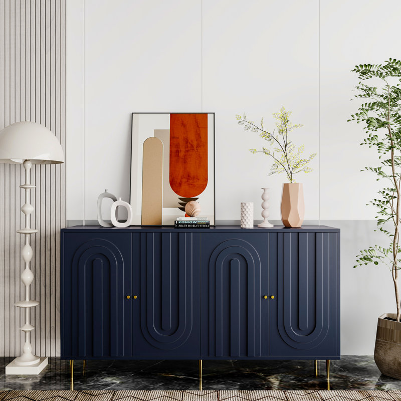 Armoire en bois laqué bleu pour le salon, le bureau. 4 portes, tablettes réglables, rangement pour porte en laque - stable, avec tablettes intérieures