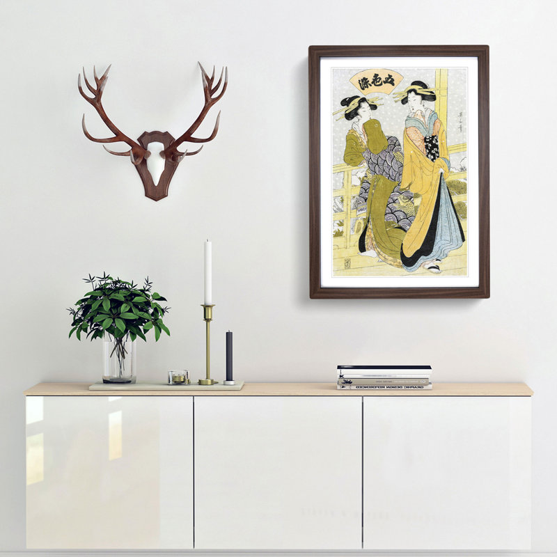 Two Courtesans on a Balcony by Kikukawa Eizan - Picture Frame Painting Print, 36cm H x 27cm W x 2cm D, Walnut Framed