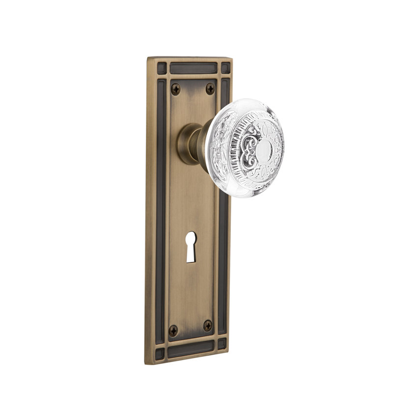 Mission Plate with Decorative Keyhole and Crystal Egg & Dart Knob, Antique Brass, 2-3/8"