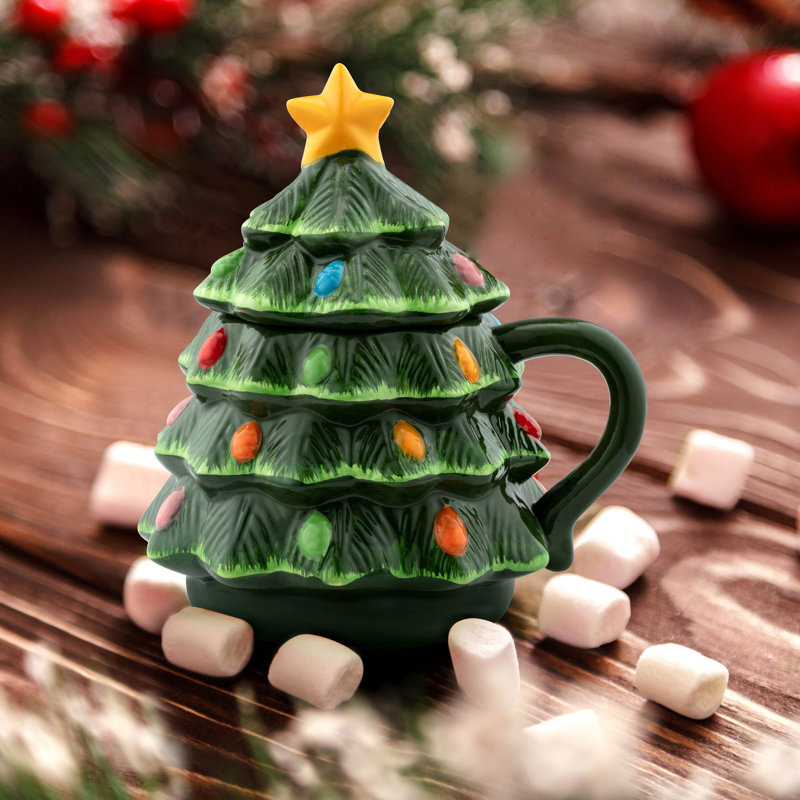 16 oz. Nostalgic Ceramic Tree Lidded Mug, Green
