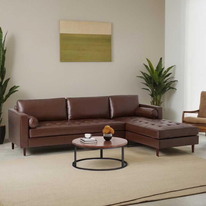 Canapé modulaire en L de 2 pièces rembourré faisant face à la droite pour le salon, Simili cuir brun foncé
