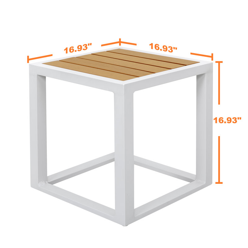 Table d'appoint d'extérieur carrée, structure en aluminium, plateau de table imitation bois