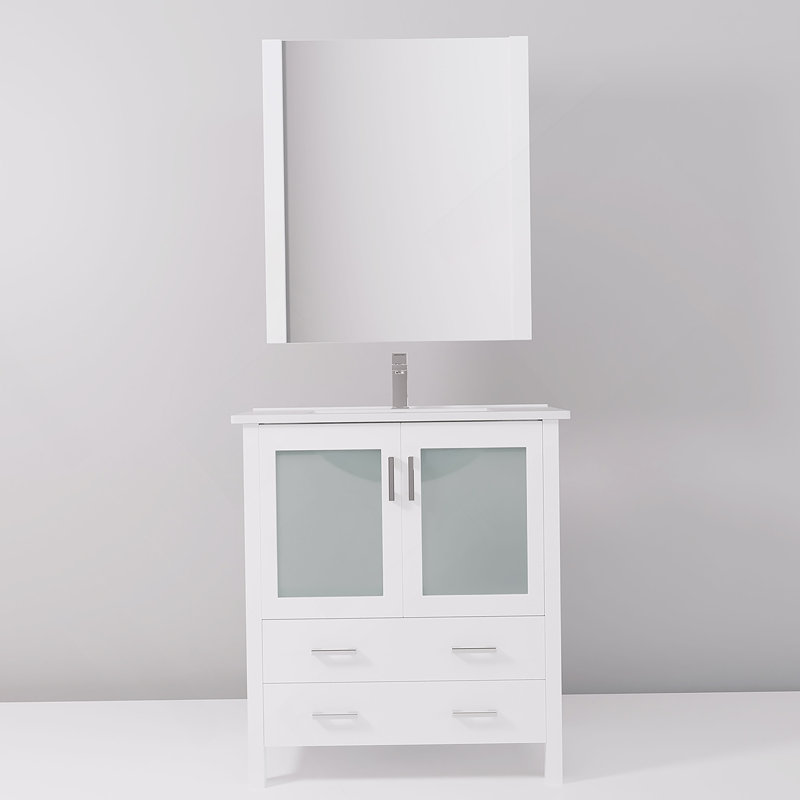 Meuble-lavabo de salle de bain D, dessus en céramique, ensemble de robinet, et po Miroir, Blanc, 30.05"