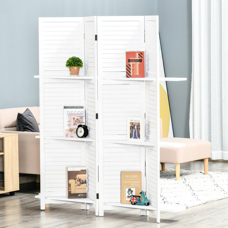 Paravent 4 panneaux de 67 po de hauteur à 4 panneaux d'intimité en bois avec 3 tablettes pliantes pour bureau / chambre à coucher / maison, blanc