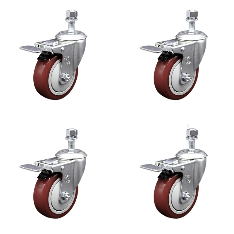 Ensemble de roulettes à tige filetée en polyuréthane 4 po ½ pouce, Marron
