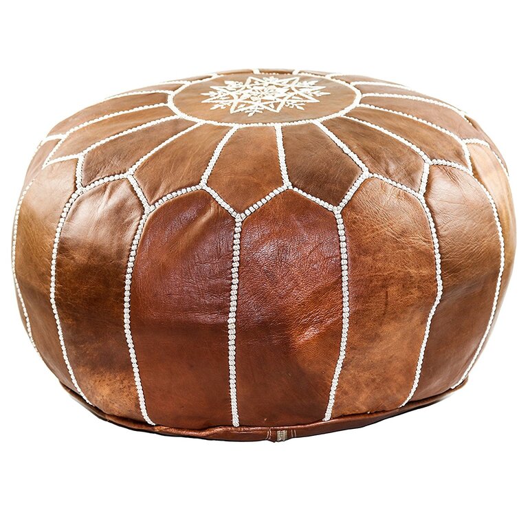 20" Wide Genuine Leather Round Floral Pouf Ottoman