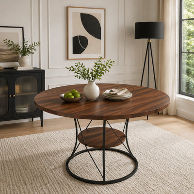 Extendable Round Farmhouse Dining Table with Storage Shelf
