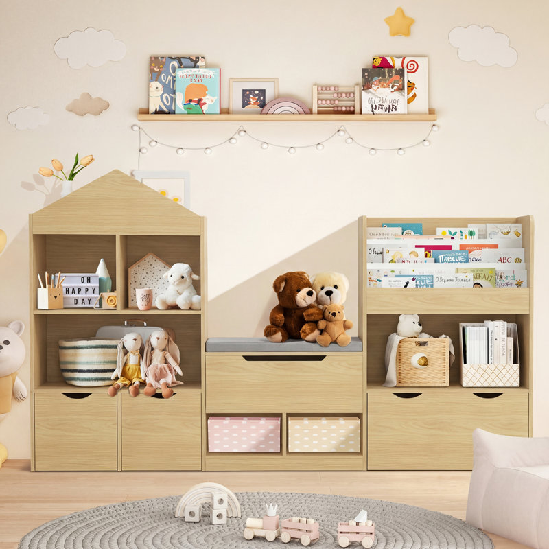 72" Kids Bookshelf With Reading Nook, Large Toy Organizer With Seat Cushion And 4 Movable Drawers, Kids Reading Nook Bookcase With 7 Storage Cubbies, Storage Bench For Playroom