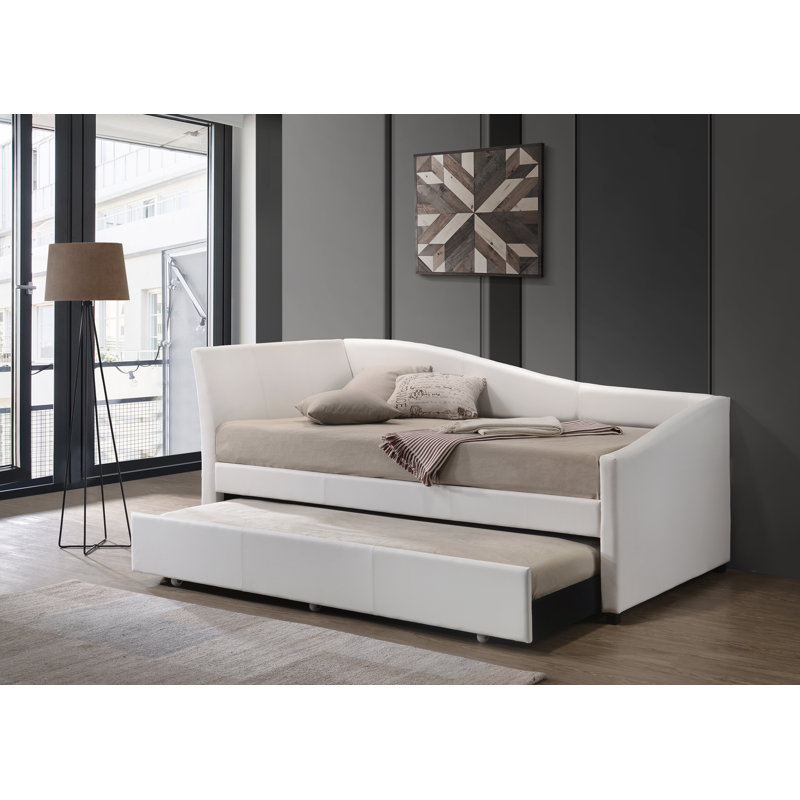 White Faux Leather Twin Upholstered Daybed with Trundle