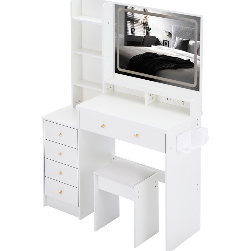 Table de meuble-lavabo de 41 po 41 po. Miroir à DEL à commande tactile 3 couleurs, 2 prises AC +. Tabouret rembourré. Design américain blanc., Très grand miroir extra gauche avec interrupteur.