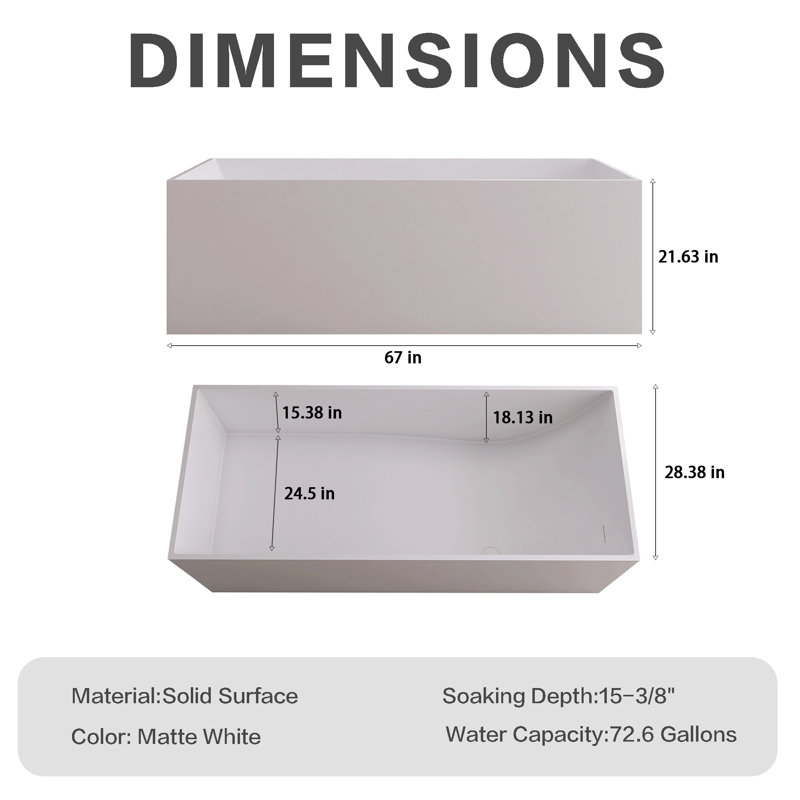 67'' X 28'' Solid Surface Freestanding Soaking Bathtub In Matte White
