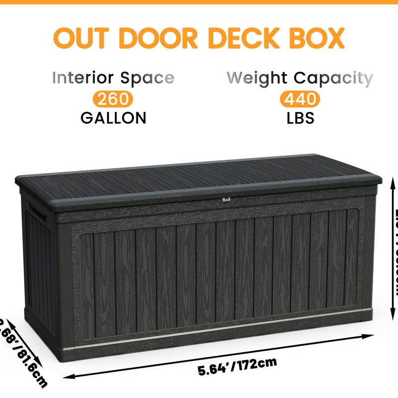 Xxl Deck Storage, 260 Gallon, Black, Waterproof Resin, Lockable, Double - Wall Construction, Ideal For Storing Pool Equipment, Garden Tools, And Can Function As Extra Table Gallon Black Box, , Stores
