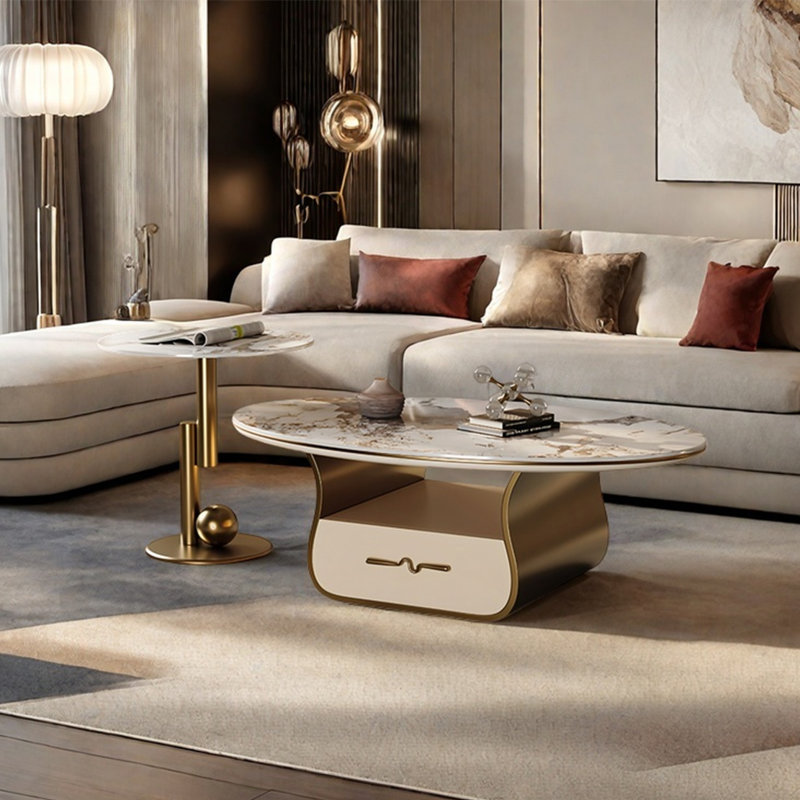 Table basse ovale en pierre claire, H 16,5 po x L 55,1 po x l 31,5 po, Doré