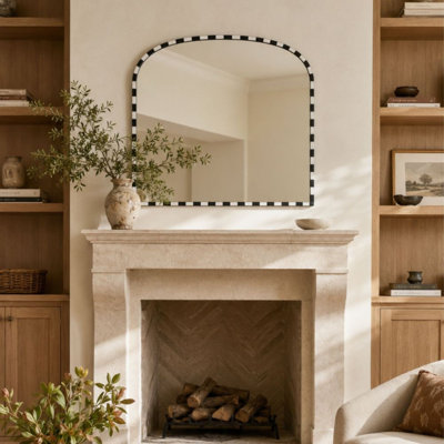 Lulu Real Marble Arched Mantel Wall Mirror in Bold Black and White Checkerboard Pattern 31x37'', Large Modern Decorative Wall Mirror with Hand-Jointed Natural Stone Frame , Perfect for Bathroom, Entryway or Dresser