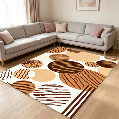 Tapis modernes modernes à motif de cercles abstraits beiges pour le salon, doux et confortable, convenant à toutes les saisons, facile à entretenir, tapis de sol intérieur lavable à la machine, sous la table de ferme convenant à la chambre à coucher, à la salle à manger, au bureau, au balcon, au patio