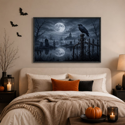 Black Raven On Iron Gate Misty Graveyard Ruined Halloween Canvas Wall Art