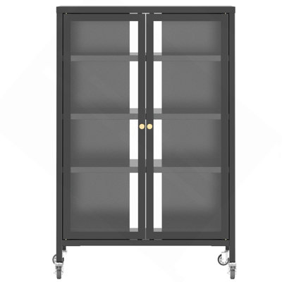 35.8" High Media Storage Cabinet with Wheels, AV Stereo TV Stand with 4 Adjustable Glass Shelves & Door, Heavy-Duty Steel Frame for Living Room, Easy Assembly