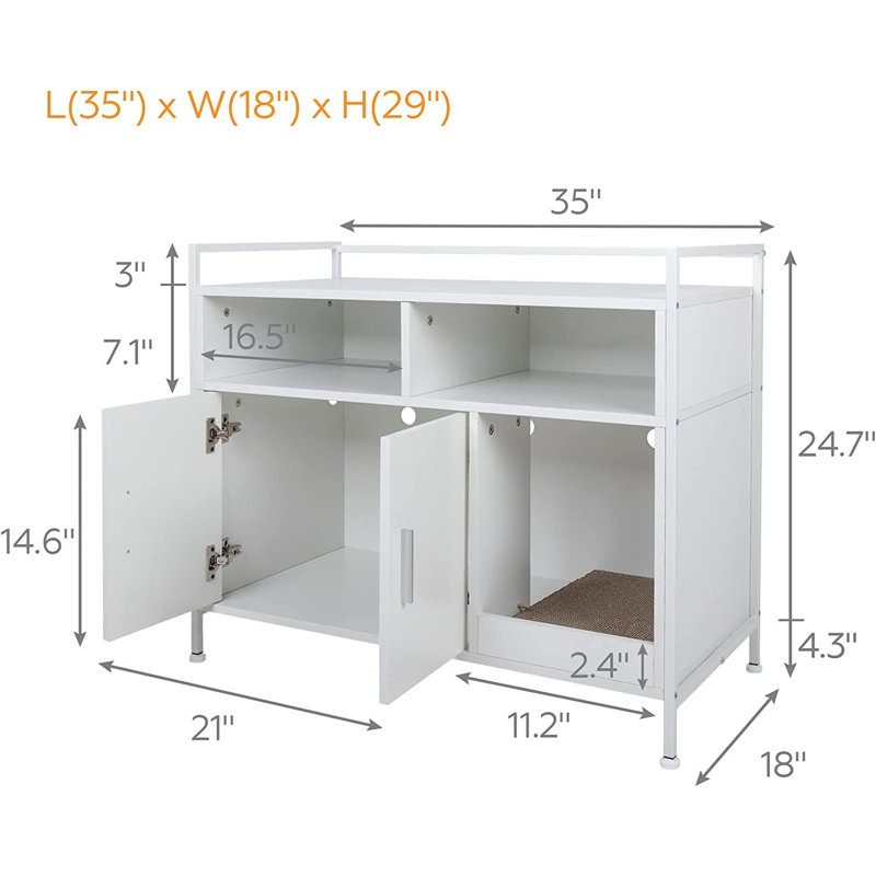 White Manufactured Wood and Metal Litter Box Enclosure with Storage Shelves