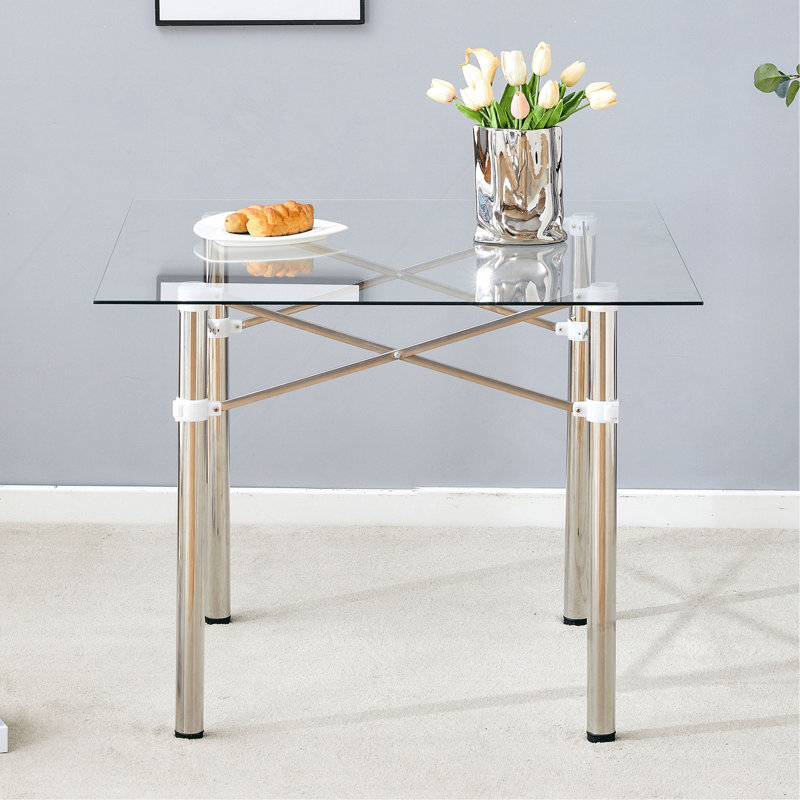 Élégante table carrée en verre extensible - Verre trempé transparent de 36 po, pieds en métal argenté. Pieds en métal télescopiques, plateau de table carré en verre transparent, raccord pour ventouse.
