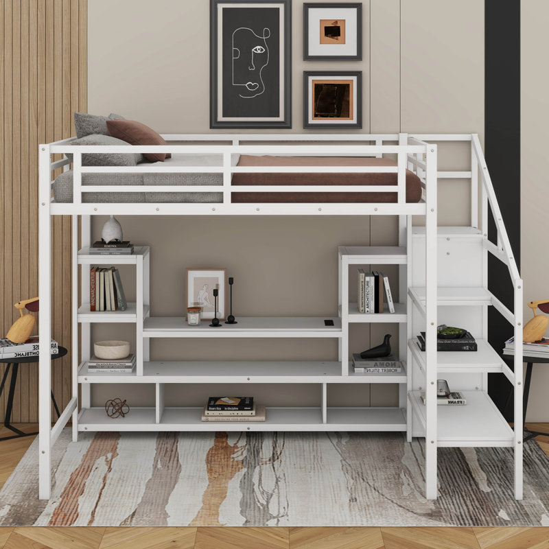 Lit mezzanine double en métal avec meuble télé, lit mezzanine en métal avec escalier et garde-robe, Blanc