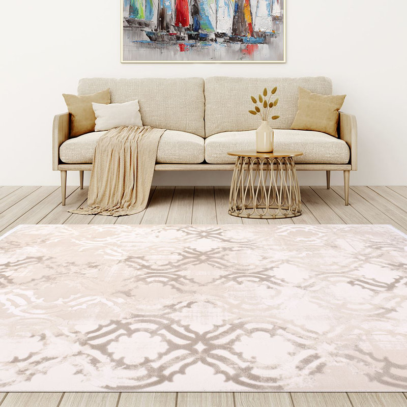 Tapis moderne / abstrait crème lavable à la machine antidérapant, Rectangle 3 pi 4 po x 6 pi 7 po
