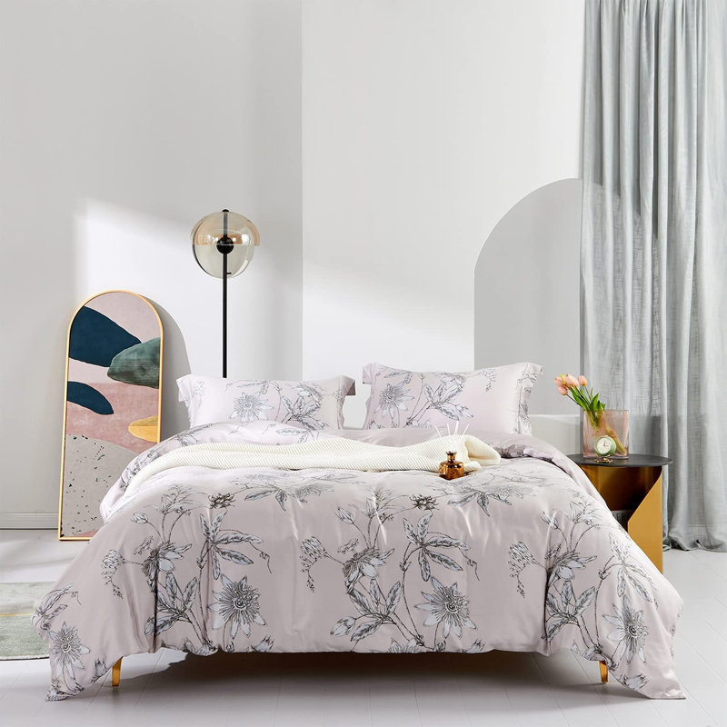 Lunaria 100% Long-Staple Cotton Duvet Cover Set Light Pink Elegant Floral Pattern Printed Comforter Cover 3pcs, Ultra Soft & Breathable Bedding Set