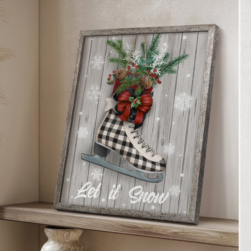 Patins de Noël, reproduction encadrée - bois massif, H 11 po x l 9 po