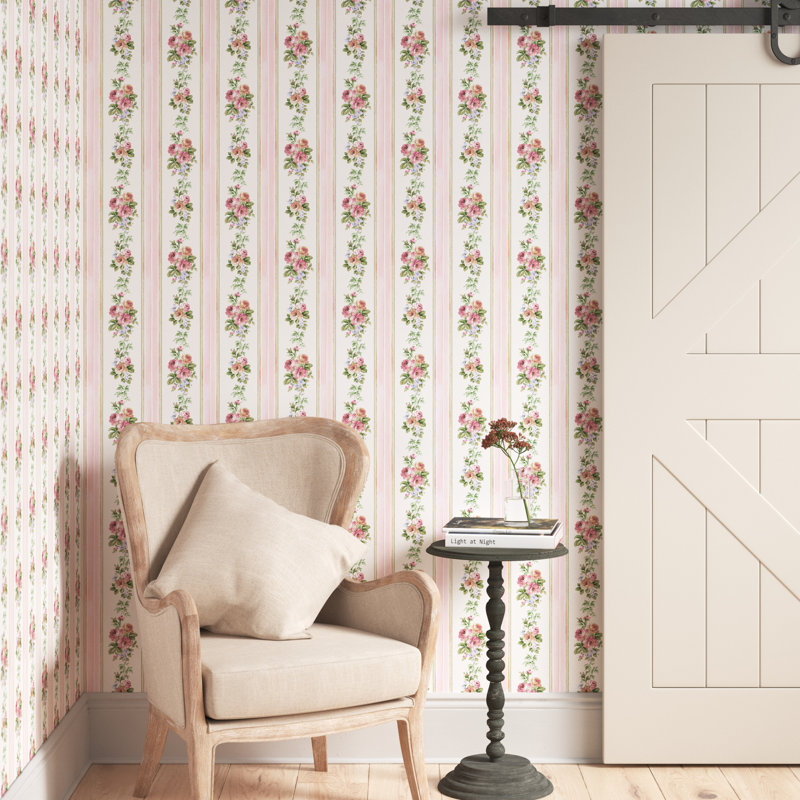 Rouleau de papier peint lisse L 32,7 pi x l 20,5 po Clarksville, Rose / blanc / vert