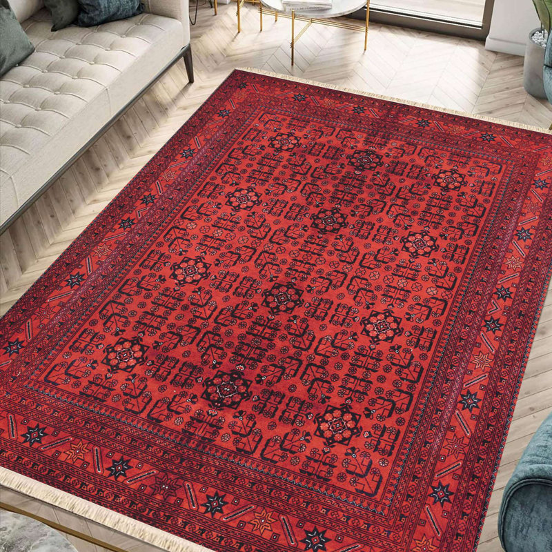 Tapis traditionnel rouge foncé à imprimé tribal
