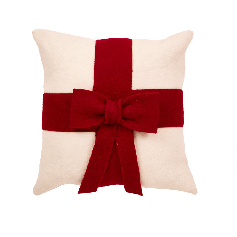 Red Bow - Christmas Pillow Cover in Hand Felted Wool, Cream/Red bow, Pillow (includes insert), 14" x 14"