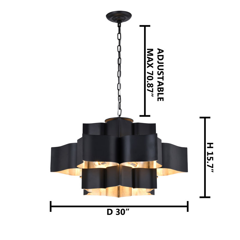 12 - Light Black Chandelier With Gold Leaf Interior, Black/Silver