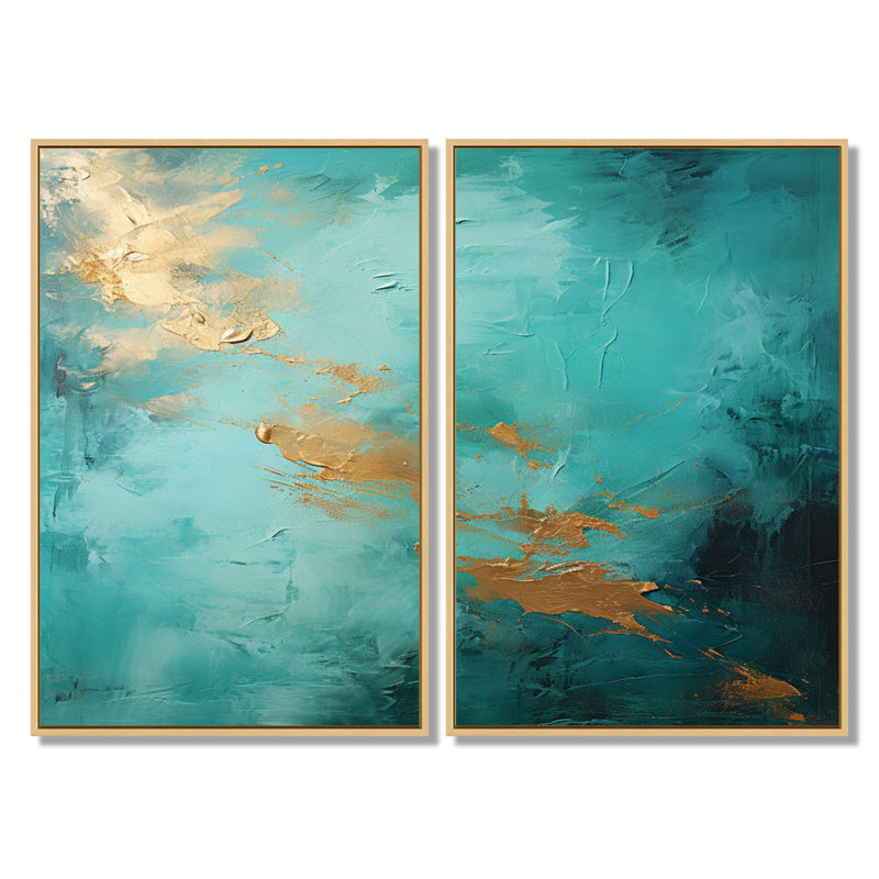 «Turquoise Tranquility - Abstract Landscape Wall Art», ensemble de 2 impressions sur toile bleu sarcelle, Crème