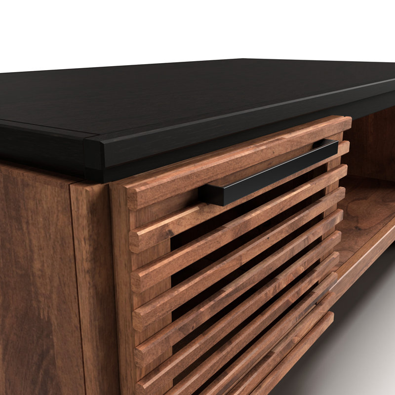 Table basse de 47 po Home. Sans assemblage. Finition deux tons. Peuplier et. Rectangulaire, deux portes, lattes. Meuble de décoration de salon contemporain scandinave noir Bourbon peuplier, portes